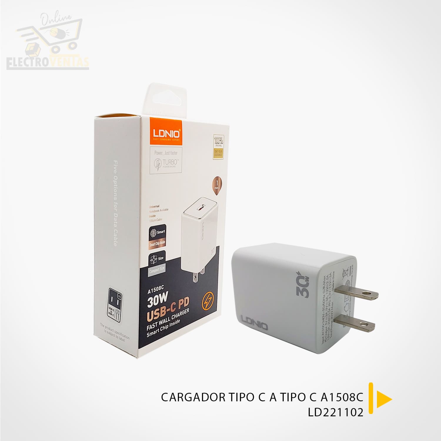 Cargador de 30W Carga Rápida A1508C USB-C Incluye Cable Tipo C-C - Promart